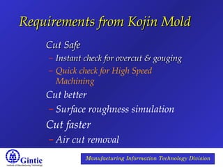 Institute of Manufacturing Technology
Manufacturing Information Technology Division
Requirements from Kojin MoldRequirements from Kojin Mold
Cut SafeCut Safe
– Instant check for overcut & gougingInstant check for overcut & gouging
– Quick check for High Speed
Machining
Cut better
– Surface roughness simulation
Cut faster
– Air cut removal
 