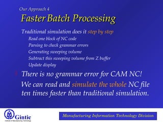 Institute of Manufacturing Technology
Manufacturing Information Technology Division
Our Approach 4Our Approach 4
FasterFaster Batch ProcessingBatch Processing
Traditional simulation does it step by step
Read one block of NC code
Parsing to check grammar errors
Generating sweeping volume
Subtract this sweeping volume from Z buffer
Update display
 There is no grammar error for CAM NC!
We can read and simulate the whole NC file
ten times faster than traditional simulation.
 