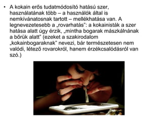 • A kokain erős tudatmódosító hatású szer,
használatának több – a használók által is
nemkívánatosnak tartott – mellékhatása van. A
legnevezetesebb a „rovarhatás”: a kokainisták a szer
hatása alatt úgy érzik, „mintha bogarak mászkálnának
a bőrük alatt” (ezeket a szakirodalom
„kokainbogaraknak” nevezi, bár természetesen nem
valódi, létező rovarokról, hanem érzékcsalódásról van
szó.)
 