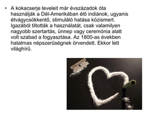 • A kokacserje leveleit már évszázadok óta
használják a Dél-Amerikában élő indiánok, ugyanis
étvágycsökkentő, stimuláló hatása közismert.
Igazából tiltották a használatát, csak valamilyen
nagyobb szertartás, ünnep vagy ceremónia alatt
volt szabad a fogyasztása. Az 1800-as években
hatalmas népszerűségnek örvendett. Ekkor lett
világhírű.
 