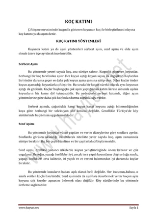 KOÇ KATIMI
       Çiftleşme mevsiminde kızgınlık gösteren koyunun koç ile birleştirilmesi olayına
koç katımı ya da aşım denir.

                            KOÇ KATIMI YÖNTEMLERİ

      Koyunda katım ya da aşım yöntemleri serbest aşım, sınıf aşımı ve elde aşım
olmak üzere üçe ayrılarak incelenebilir.


Serbest Aşım

        Bu yöntemde yeteri sayıda koç, ana sürüye salınır. Kızgınlık gösteren koyunlar,
herhangi bir koç tarafından aşılır. Her koçun aştığı koyun sayısı da değişiktir. Koçlardan
biri önder duruma geçer ve daha çok koyun aşma şansına sahip olur. Diğer koçlar önder
koçun aşamadığı koyunlarla çiftleşirler. Bu sırada bir koçun sürekli olarak aynı koyunun
aştığı da gözlenir. Koçlar başlangıçta çok aşım yaptığından katım süresi sonunda aşılan
koyunların bir kısmı döl tutmayabilir. Bu nedenlerle serbest katımda, diğer aşım
yöntemlerine göre daha çok koç bulundurma zorunluluğu vardır.

       Serbest aşımda, çoğunlukla hangi koçun hangi koyunu aştığı bilinmediğinden
koça göre herhangi bir seleksiyon söz konusu değildir. Genellikle Türkiye'de köy
sürülerinde bu yöntem uygulanmaktadır.

Sınıf Aşımı

        Bu yöntemde koyunlar vücut yapıları ve verim düzeylerine göre sınıflara ayrılır.
Sınıflarda görülen aksaklığı düzeltilecek nitelikte yeter sayıda koç, aşım zamanında
sürüye bırakılır. Bu, bir çeşit düzeltme ve bir çeşit ıslah çiftleştirmesidir.

Sınıf aşımı, özellikle yabancı ülkelerde koyun yetiştiriciliğinde önem kazanır ve çok
uygulanır. Örneğin, yapağı özellikleri iyi, ancak ince yapılı koyunların oluşturduğu sınıfa,
yapağı özellikleri orta kalitede, iri yapılı ve et verimi bakımından iyi durumda koçlar
bırakılır.

        Bu yöntemde kuzuların babası açık olarak belli değildir. Her kuzunun,.babası, o
sınıfa verilen koçlardan biridir. Sınıf aşımında da aşımları denetlemek ve bir koçun aynı
koyunu çok kereler aşmasını önlemek olası değildir. Köy sürülerinde bu yöntemle
ilerleme sağlanabilir.




www.haytar.net                                                                       Sayfa 1
 