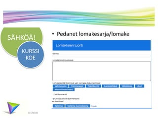 SÄHKÖÄ! 
KURSSI 
KOE 
LEON100 
• Pedanet lomakesarja/lomake 
 