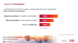 Invest in innovation
8
Source: CGI Voice of Our Clients (2017)
Applying analytics for insight or optimization
Becoming dig...