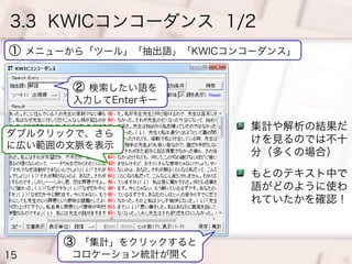 3.3 KWICコンコーダンス 1/2
① メニューから「ツール」「抽出語」「KWICコンコーダンス」
② 検索したい語を
入力してEnterキー
ダブルクリックで、さら
に広い範囲の文脈を表示

集計や解析の結果だ
けを見るのでは不十
分（多...