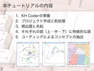 本チュートリアルの内容
2
1. KH Coderの準備
2. プロジェクト作成と前処理
3. 頻出語と共起
4. それぞれの部（上・中・下）に特徴的な語
5. コーディングによるコンセプトの抽出
 