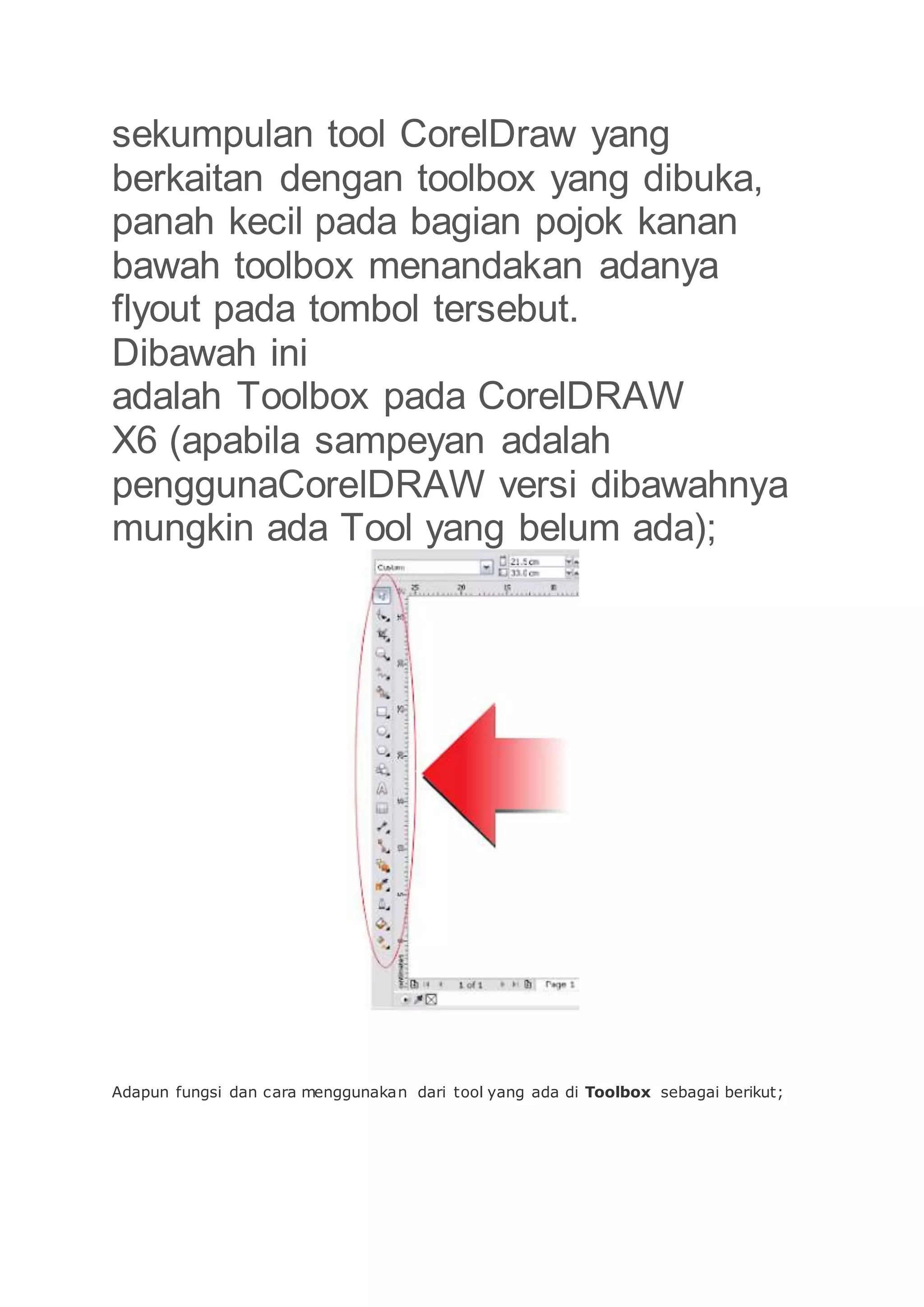 sekumpulan tool CorelDraw yang
berkaitan dengan toolbox yang dibuka,
panah kecil pada bagian pojok kanan
bawah toolbox menandakan adanya
flyout pada tombol tersebut.
Dibawah ini
adalah Toolbox pada CorelDRAW
X6 (apabila sampeyan adalah
penggunaCorelDRAW versi dibawahnya
mungkin ada Tool yang belum ada);
Adapun fungsi dan cara menggunakan dari tool yang ada di Toolbox sebagai berikut;
 