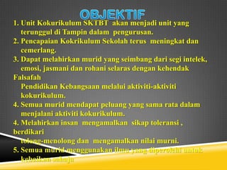 1. Unit Kokurikulum SKTBT akan menjadi unit yang
terunggul di Tampin dalam pengurusan.
2. Pencapaian Kokrikulum Sekolah terus meningkat dan
cemerlang.
3. Dapat melahirkan murid yang seimbang dari segi intelek,
emosi, jasmani dan rohani selaras dengan kehendak
Falsafah
Pendidikan Kebangsaan melalui aktiviti-aktiviti
kokurikulum.
4. Semua murid mendapat peluang yang sama rata dalam
menjalani aktiviti kokurikulum.
4. Melahirkan insan mengamalkan sikap toleransi ,
berdikari
tolong-menolong dan mengamalkan nilai murni.
5. Semua murid menggunakan ilmu yang diperolehi untuk
kebaikan sahaja

 