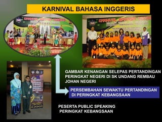 KARNIVAL BAHASA INGGERIS

GAMBAR KENANGAN SELEPAS PERTANDINGAN
PERINGKAT NEGERI DI SK UNDANG REMBAU
JOHAN NEGERI
PERSEMBAHAN SEWAKTU PERTANDINGAN
DI PERINGKAT KEBANGSAAN
PESERTA PUBLIC SPEAKING
PERINGKAT KEBANGSAAN

 