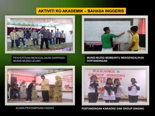 AKTIVITI KO AKADEMIK – BAHASA INGGERIS

PENYERTAAN MENGGALAKAN DARIPADA
MURID-MURID LELAKI

ACARA PENYAMPAIAN HADIAH

MURID-MURID MEMBANTU MENGENDALIKAN
PERTANDINGAN

PERTANDINGAN KARAOKE DAN GROUP SINGING

 