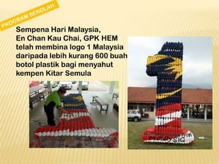 Sempena Hari Malaysia,
En Chan Kau Chai, GPK HEM
telah membina logo 1 Malaysia
daripada lebih kurang 600 buah
botol plastik bagi menyahut
kempen Kitar Semula

 