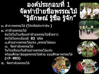 ๑ .  สำรวจพรรณไม้  ( ให้รหัสประจำต้น  ) ๒ .  ทำป้ายพรรณไม้  ต้นไม้ในโรงเรียนทำป้ายพรรณไม้ชั่วคราว ต้นไม้ในทะเบียนมี  82  ชนิด ๓ . ตัวอย่างพรรณไม้แห้ง  , พรรณไม้ดอง ๔ .  จัดทำผังพรรณไม้ ในโรงเรียนเก็บตัวอย่างพรรณไม้แห้ง พร้อมศึกษาข้อมูลพรรณไม้ด้วย แบบศึกษาพรรณไม้  ( ก 7- 003) ๕ .  จัดทำผังพรรณไม้   องค์ประกอบที่ 1 จัดทำป้ายชื่อพรรณไม้ “รู้ลักษณ์ รู้ชื่อ รู้จัก” 