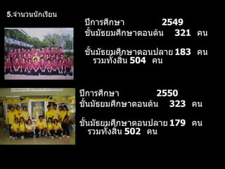 ปีการศึกษา  2549   ชั้นมัธยมศึกษาตอนต้น 321 คน  ชั้นมัธยมศึกษาตอนปลาย 183 คน  รวมทั้งสิ้น 504 คน   5. จำนวนนักเรียน ปีการศึกษา  2550   ชั้นมัธยมศึกษาตอนต้น 3 23 คน  ชั้นมัธยมศึกษาตอนปลาย 179 คน  รวมทั้งสิ้น 50 2 คน   