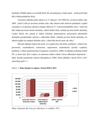 docházku. Průběh zápisu se na každé škole liší, ale podstata je všude stejná – zjistit jestli bude
dítě zvládat požadavky školy.
       Vymezení odkladu podle odstavce § 37 zákona č. 561/2004 Sb., novelizovaného roku
2009: „Není-li dítě po dovršení šestého roku věku tělesně nebo duševně přiměřeně vyspělé
            li
a požádá-li o to písemně zákonný zástupce dítět do 31. května kalendářního roku, v němž má
                                          dítěte        větna
dítě zahájit povinnou školní docházku, odloží ředitel školy začátek povinné školní docházky
o jeden školní rok, pokud je žádost doložena doporučujícím posouzením příslušného
školského poradenského zařízení a odborného lékaře. Začátek povinné školní docházky lze
                                  odborného
odložit nejdéle do zahájení školního roku, v němž dítě dovrší osmý rok věku.“
       Důvody odkladu mohou být různé. Je to především věk dítěte, problémy v oblasti řeči,
pozornosti, soustředěnosti, nemocnost, nepozornost, nedostatečná fyzická vyspělost,
                                       nepozornost,
problémy v oblasti grafomotoriky (Langmeier, Krejčířová, 2006). O odkladu rozhoduje ředitel
ZŠ, ve které bylo dítě u zápisu, na písemnou žádost rodi a dvou odborných doporučení –
                                                    rodičů
lékař, školské poradenské zařízen (Kropáčková, 2008). Počet odkladů v letech 2010 a 2011
                          zařízení
znázorňuje graf č. 1.


Graf č. 1: Data týkající se zápisu v letech 2010 a 2011




    140 000
    120 000
    100 000
     80 000
                                                                                2010
     60 000
                                                                                2011
     40 000
     20 000
          0
              počet dětí, které se   počet žádostí o   celkem zapsáno
               dostavily k zápisu     odklad školní         dětí
                                        docházky

Zdroj: Upraveno dle Ústav pro informace ve vzdělání, 2011.
 