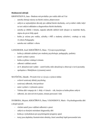 Hodnocení	zdrojů
KROPÁČKOVÁ, Jana - Budeme mít prvňáčka: pro rodiče dětí od 5 let
   -   autorka shrnuje názory na školní zralost, připravenost
   -   zabývá se nejčastějšími důvody pro odklad školní docházky, což je dobré vědět, když
       se text zabývá odkladem a diagnostikou školní docházky
   -   autorka je zběhlá v tématu, napsala několik dalších knih týkající se mateřské školy,
       zápisu do první třídy apod.
   -   kniha je určena pro rodiče, učitelky v MŠ a studenty učitelství, vztahuje se tedy
       i k oboru Pedagogika
   -   autorka má vzdělání v oboru


LANGMEIER, Josef; KREJČÍŘOVÁ, Dana - Vývojová psychologie
   -   kniha je základní učebnicí pro studenty psychologie, pedagogiky, pediatry
   -   autoři vychází z praxe
   -   kniha se přímo vztahuje k tématu
   -   odborné vzdělání autorů
   -   už 4. aktualizované vydání – autoři knihu stále aktualizují a obnovují o nové poznatky
   -   spolupráce s Matějčkem (významný autor)


MATĚJČEK, Zdeněk - Prvních 6 let ve vývoji a výchově dítěte
   -   světově uznávaný dětský psycholog
   -   uznávaný odborník, titul profesor
   -   autor vychází z výzkumů a praxe
   -   Většina děti vstupuje do 1. třídy v 6 letech – věk, kterým se kniha přímo zabývá
   -   odborně, ale zároveň čtivě psáno, tématu porozumí i laik


SVOBODA, Mojmír; KREJČÍŘOVÁ, Dana; VÁGNEROVÁ, Marie - Psychodiagnostika dětí
a dospívajících
   -   všichni autoři jsou vzdělaní odborníci s praxí
   -   zabývá se různými metodami diagnostiky dětí
   -   kniha je východiskem pro psychologické prognózy apod.
   -   texty jsou doplněny ilustrativními obrázky, které umožňují lepší porozumění tetu
 