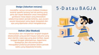 5 -D a t a u B A GJ A
Design (Jabarkan rencana)
mendaftar semua rencana tindakan-tindakan
konkret spesifik tentang hal-hal penting yang
perlu dan dapat dilakukan untuk mewujudkan
gambaran masa depan yang dinarasikan
sebelumnya dalam periode tertentu, apa ukuran-
ukuran kesuksesan yang dapat disepakati dan
apa yang diperlukan untuk mengetahuinya.
Deliver (Atur Eksekusi)
memutuskan dan menjalankan langkah-langkah
eksekusi(baik yang paralel maupun sekuens) yang
akan diambil, siapa saja yang akan terlibat, kapan
tenggat-tenggat pekerjaannya, bagaimana
strateginya, dan aksi lainnya demi
mewujudkan prakarsa perubahan dalam periode
waktu yang disepakati/tersedia.
 