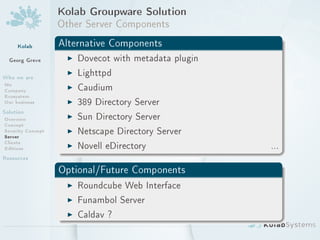Kolab Groupware Solution
                   Other Server Components
     Kolab         Alternative Components
  Georg Greve        I Dovecot with metadata plugin
Who we are
                     I Lighttpd
Me
Company              I Caudium
Ecosystem
Our business         I 389 Directory Server
Solution
Overview             I Sun Directory Server
Concept
Security Concept
Server
                     I Netscape Directory Server
Clients
Editions             I Novell eDirectory              ...
Resources
                   Optional/Future Components
                    I Roundcube Web Interface
                    I Funambol Server
                    I Caldav ?
 
