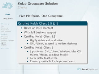 Kolab Groupware Solution
                   Clients
     Kolab
                    Five Platforms. One Groupware.
  Georg Greve

Who we are         Certied Kolab Client 3.5  5
Me
Company              I Based on KDE Kontact
Ecosystem
Our business         I With full business support
Solution
Overview             I Certied Kolab Client 3.5
Concept
Security Concept             I   Highly stable and productive
Server
Clients                      I   GNU/Linux, adapted to modern desktops
Editions
Resources            I   Certied Kolab Client 5
                             I   5 platforms: GNU/Linux, Windows, Mac OS,
                                 Maemo/Meego, Windows Mobile
                             I   Form factor touchscreen
                             I   Currently available for larger customers
 