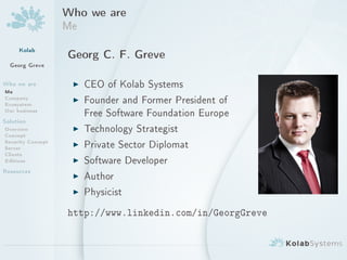 Who we are
                   Me
     Kolab
                   Georg C. F. Greve
  Georg Greve

Who we are          I   CEO of Kolab Systems
Me
Company
Ecosystem
                    I   Founder and Former President of
Our business            Free Software Foundation Europe
Solution
Overview            I   Technology Strategist
Concept
Security Concept
Server              I   Private Sector Diplomat
Clients
Editions            I   Software Developer
Resources
                    I   Author

                    I   Physicist

                   http://www.linkedin.com/in/GeorgGreve
 