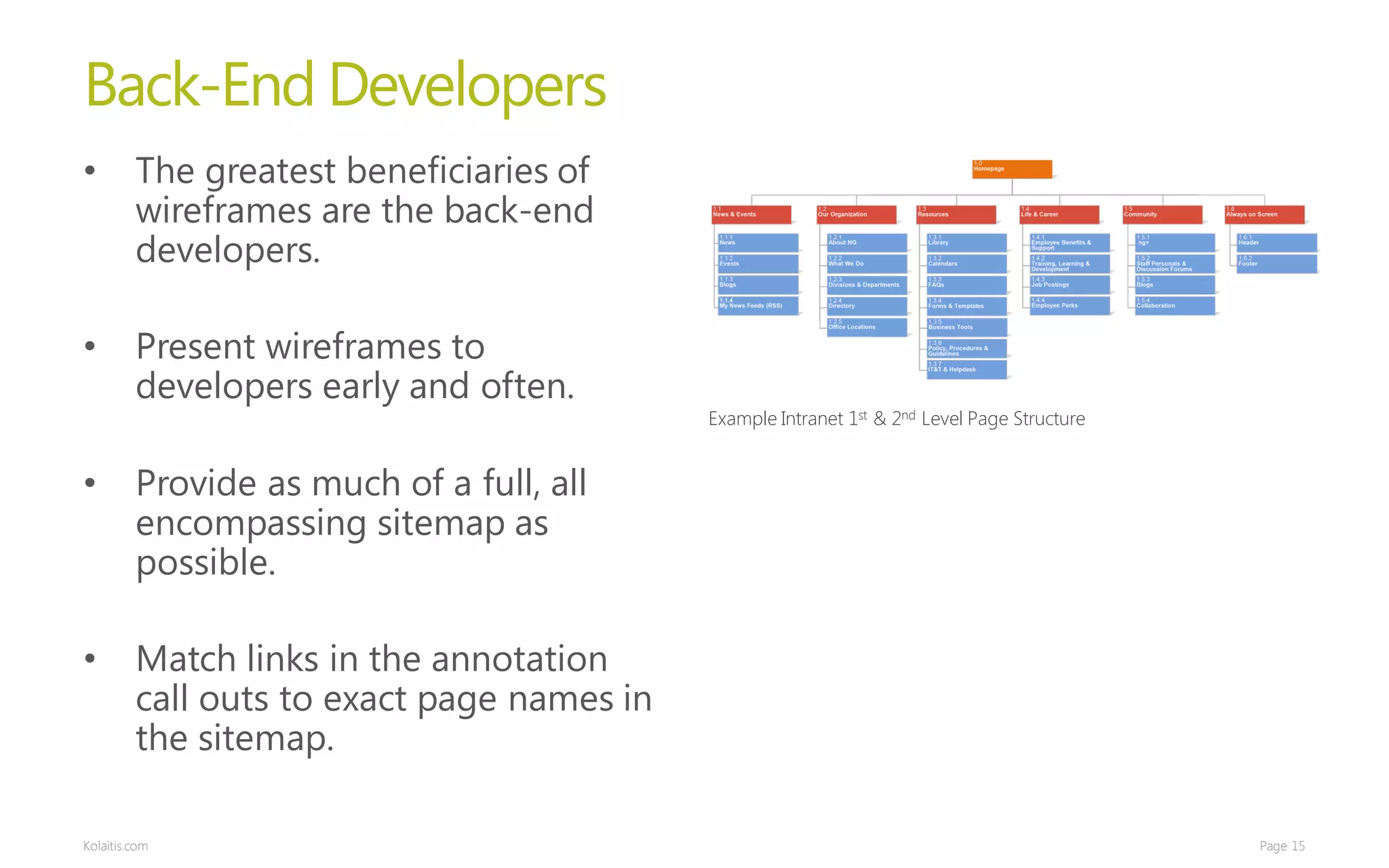 Back-End Developers
•        The greatest beneficiaries of
         wireframes are the back-end
         developers.

•        Present wireframes to
         developers early and often.
                                            Example Intranet 1st & 2nd Level Page Structure


•        Provide as much of a full, all
         encompassing sitemap as
         possible.

•        Match links in the annotation
         call outs to exact page names in
         the sitemap.

Kolaitis.com                                                                                  Page 15
 