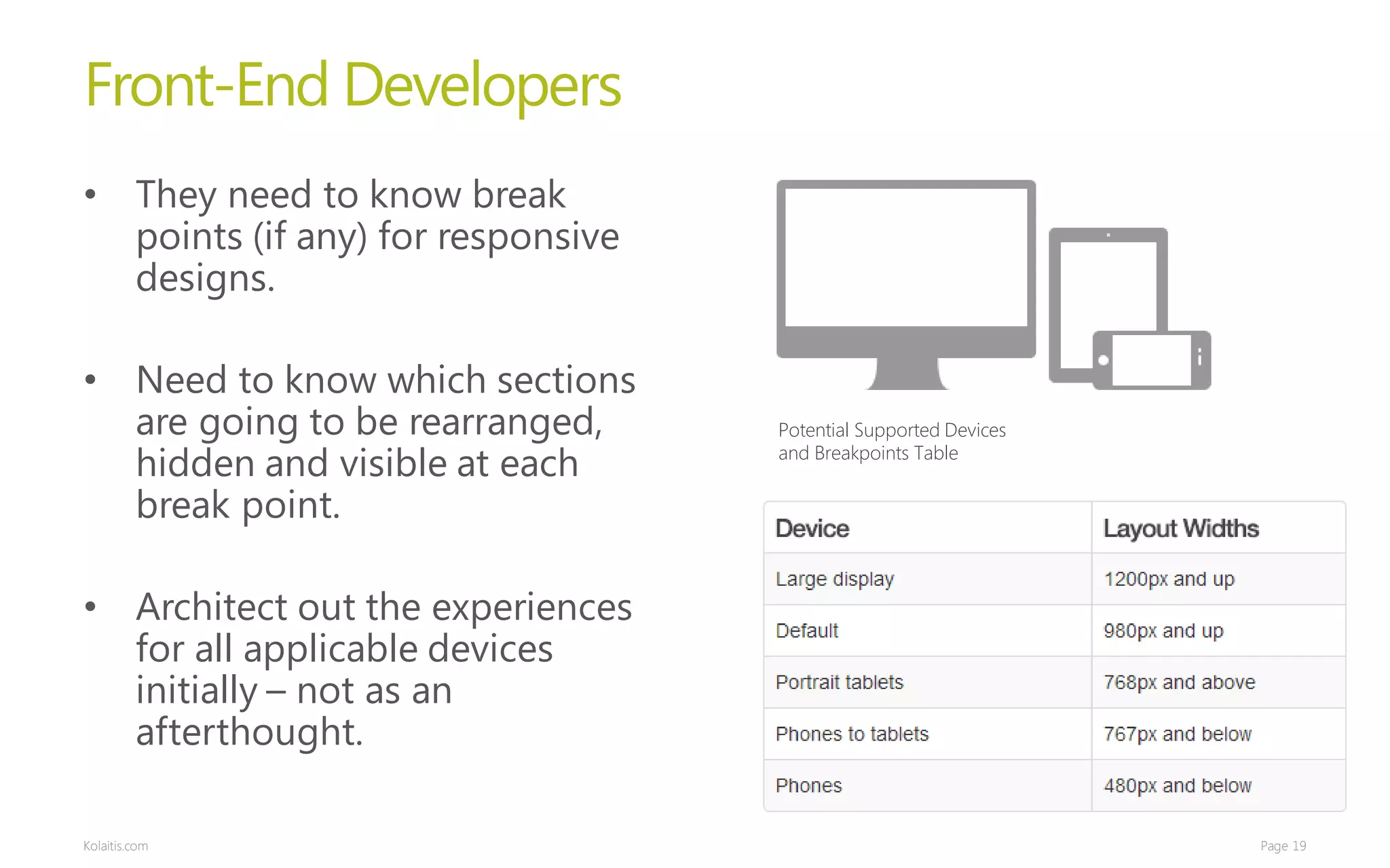 Front-End Developers
• They need to know break
  points (if any) for responsive
  designs.

• Need to know which sections
  are going to be rearranged,      Potential Supported Devices

  hidden and visible at each       and Breakpoints Table

  break point.

• Architect out the experiences
  for all applicable devices
  initially – not as an
  afterthought.

Kolaitis.com                                                     Page 19
 