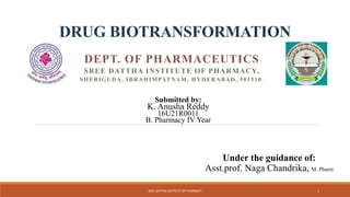 DRUG BIOTRANSFORMATION
DEPT. OF PHARMACEUTICS
SREE DATTHA INSTITUTE OF PHARMACY,
SHERIGUDA, IBRAHIMPATNAM, HYDERABAD, 501510.
SREE DATTHA INSTITUTE OF PHARMACY
Under the guidance of:
Asst.prof. Naga Chandrika, M. Pharm
Submitted by:
K. Anusha Reddy
16U21R0011
B. Pharmacy IV Year
1
 
