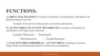 FUNCTIONS:
A) DRUG INACTIVATION: It results in formation of metabolites with little or no
pharmacological activity.
Example: Conversion of phenytoin to p-hydroxy phenytoin .
B) ACTIVE DRUG TO ACTIVE METABOLITE: It results in formation of
metabolites with high tissue reactivity .
Example: Phenacetin - Paracetamol
Phenylbutazone - Oxyphenbutazone.
C) INACTIVE DRUG(PRODRUG) – ACTIVE DRUG: Prodrugs re inactive
drugs which need biotransformation to form active metabolites.
SREE DATTHA INSTITUTE OF PHARMACY 5
 