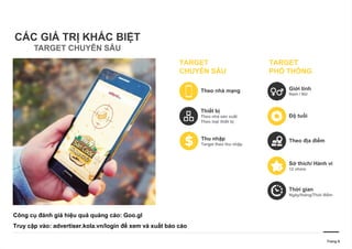 CÁC GIÁ TRỊ KHÁC BIỆT
TARGET CHUYÊN SÂU
Giới tính
Nam / Nữ
Độ tuổi
Theo địa điểm
Sở thích/ Hành vi
12 nhóm
Thời gian
Ngày/tháng/Thời điểm
Thu nhập
Target theo thu nhập
Theo nhà mạng
Thiết bị
Theo nhà sản xuất
Theo loại thiết bị
TARGET
CHUYÊN SÂU
Trang 9
TARGET
PHỔ THÔNG
Công cụ đánh giá hiệu quả quảng cáo: Goo.gl
Truy cập vào: advertiser.kola.vn/login để xem và xuất báo cáo
 
