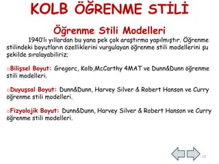 KOLB ÖĞRENME STĠLĠ
Öğrenme Stili Modelleri
1940’lı yıllardan bu yana pek çok araĢtırma yapılmıĢtır. Öğrenme
stilindeki boyutların özelliklerini vurgulayan öğrenme stili modellerini Ģu
Ģekilde sıralayabiliriz;
oBilişsel Boyut: Gregorc, Kolb,McCarthy 4MAT ve Dunn&Dunn öğrenme
stili modelleri.
oDuyuşsal Boyut: Dunn&Dunn, Harvey Silver & Robert Hanson ve Curry
öğrenme stili modelleri.
oFizyolojik Boyut: Dunn&Dunn, Harvey Silver & Robert Hanson ve Curry
öğrenme stili modelleri.
10
 
