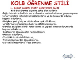 KOLB ÖĞRENME STĠLĠ
1. Somut Yaşantı (Aktif Deneyimler) (2/2)
Kolb bu öğrenme biçimine sahip olan kiĢilerin;
•Diğer bireylerle birlikte mutlu olmaktan mutlu olduklarını, grup çalıĢması
ve tartıĢmalara katılmaktan hoĢlandıklarını ve bu konularda oldukça
baĢarılı olduklarını,
•GiriĢken, yeni görüĢ ve düĢüncelere açık olduklarını,
•AraĢtırma ve incelemeye hazır ve istekli olduklarını,
•Genelde sezgilere dayalı karar verme ve yapısal olmayan durumlarda
baĢarılı olduklarını,
•KeĢfederek öğrenmekten hoĢlandıklarını,
•Meraklı olduklarını,
•Yeni fikirler üretebildiklerini,
•Yeni deneyimlerden öğrendiklerini,
•Sistemli olmadıklarını ifade etmiĢtir.
20
 
