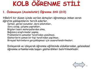 KOLB ÖĞRENME STĠLĠ
1. Özümseyen (Assimilatör) Öğrenme Stili (2/2)
Belirli bir düzen içinde verilen detayları öğrenmeye imkan veren
öğretim yaklaĢımlarını tercih ederler.
ĠĢitsel, görsel sunumlar, ders anlatımları,
Soru cevap, çalıĢma yaprakları,
Bilgileri basılı materyallerden alma,
Bağımsız araĢtırmalar yapma,
Problemlerin uzmanlar tarafından çözülmesi,
Gösterilerin uzman bir kiĢi tarafından yapılması,
Bireysel katılımların gerçekleĢmesi için cesaretlendirilmeleri.
Dinleyerek ve izleyerek öğrenme eğiliminde olduklarından, geleneksel
öğrenme ortamlarında baĢarı gösterdikleri belirtilmektedir.
30
 