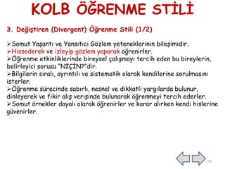 KOLB ÖĞRENME STĠLĠ
3. Değiştiren (Divergent) Öğrenme Stili (1/2)
Somut YaĢantı ve Yansıtıcı Gözlem yeteneklerinin bileĢimidir.
Hissederek ve izleyip gözlem yaparak öğrenirler.
Öğrenme etkinliklerinde bireysel çalıĢmayı tercih eden bu bireylerin,
belirleyici sorusu “NĠÇĠN?”dir.
Bilgilerin sıralı, ayrıntılı ve sistematik olarak kendilerine sorulmasını
isterler.
Öğrenme sürecinde sabırlı, nesnel ve dikkatli yargılarda bulunur,
dinleyerek ve fikir alıĢ veriĢinde bulunarak öğrenmeyi tercih ederler.
Somut örnekler dayalı olarak öğrenirler ve karar alırken kendi hislerine
güvenirler.
33
 