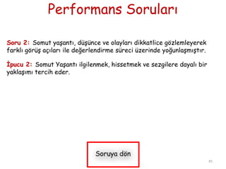 Performans Soruları
Soru 2: Somut yaĢantı, düĢünce ve olayları dikkatlice gözlemleyerek
farklı görüĢ açıları ile değerlendirme süreci üzerinde yoğunlaĢmıĢtır.
Ġpucu 2: Somut YaĢantı ilgilenmek, hissetmek ve sezgilere dayalı bir
yaklaĢımı tercih eder.
45
 