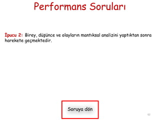 Performans Soruları
Ġpucu 2: Birey, düĢünce ve olayların mantıksal analizini yaptıktan sonra
harekete geçmektedir.
62
 