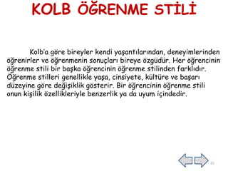 KOLB ÖĞRENME STİLİ
Kolb’a göre bireyler kendi yaşantılarından, deneyimlerinden
öğrenirler ve öğrenmenin sonuçları bireye özgüdür. Her öğrencinin
öğrenme stili bir başka öğrencinin öğrenme stilinden farklıdır.
Öğrenme stilleri genellikle yaşa, cinsiyete, kültüre ve başarı
düzeyine göre değişiklik gösterir. Bir öğrencinin öğrenme stili
onun kişilik özellikleriyle benzerlik ya da uyum içindedir.
15
 