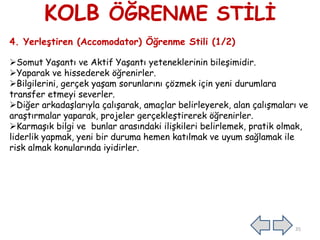 KOLB ÖĞRENME STİLİ
4. Yerleştiren (Accomodator) Öğrenme Stili (1/2)
Somut Yaşantı ve Aktif Yaşantı yeteneklerinin bileşimidir.
Yaparak ve hissederek öğrenirler.
Bilgilerini, gerçek yaşam sorunlarını çözmek için yeni durumlara
transfer etmeyi severler.
Diğer arkadaşlarıyla çalışarak, amaçlar belirleyerek, alan çalışmaları ve
araştırmalar yaparak, projeler gerçekleştirerek öğrenirler.
Karmaşık bilgi ve bunlar arasındaki ilişkileri belirlemek, pratik olmak,
liderlik yapmak, yeni bir duruma hemen katılmak ve uyum sağlamak ile
risk almak konularında iyidirler.
35
 