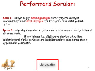Performans Soruları
Soru 1: Bireyin bilgiyi nasıl algıladığını somut yaşantı ve soyut
kavramsallaştırma; nasıl işlediğini yansıtıcı gözlem ve aktif yaşantı
açıklar.
İpucu 1: Algı; duyu organlarına gelen uyarımların anlamlı hale getirilmesi
sürecine denir.
Bilgiyi işleme ise; düşünce ve olayları dikkatlice
gözlemleyerek farklı görüş açıları ile değerlendirip daha sonra pratik
uygulamalar yapmaktır.
39
 