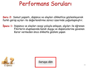 Performans Soruları
Soru 2: Somut yaşantı, düşünce ve olayları dikkatlice gözlemleyerek
farklı görüş açıları ile değerlendirme süreci üzerinde yoğunlaşmıştır.
İpucu 1: Düşünce ve olayları sezgi yoluyla anlayan, algıları ile öğrenen
Fikirlerin oluşmasında kendi duygu ve düşüncelerine güvenen
Karar vermeden önce dikkatle gözlem yapan
44
 
