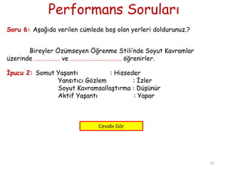 Performans Soruları
65
Soru 6: Aşağıda verilen cümlede boş olan yerleri doldurunuz.?
Bireyler Özümseyen Öğrenme Stili’nde Soyut Kavramlar
üzerinde ……………… ve ……………………………… öğrenirler.
İpucu 2: Somut Yaşantı : Hisseder
Yansıtıcı Gözlem : İzler
Soyut Kavramsallaştırma : Düşünür
Aktif Yaşantı : Yapar
Cevabı Gör
 