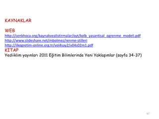 KAYNAKLAR
WEB
http://cenkhoca.org/kaynakvealistirmalar/oyt/kolb_yasantisal_ogrenme_modeli.pdf
http://www.slideshare.net/mbolmez/renme-stilleri
http://ilkogretim-online.org.tr/vol4say2/v04s02m1.pdf
KİTAP
Yediiklim yayınları 2011 Eğitim Bilimlerinde Yeni Yaklaşımlar (sayfa 34-37)
67
 