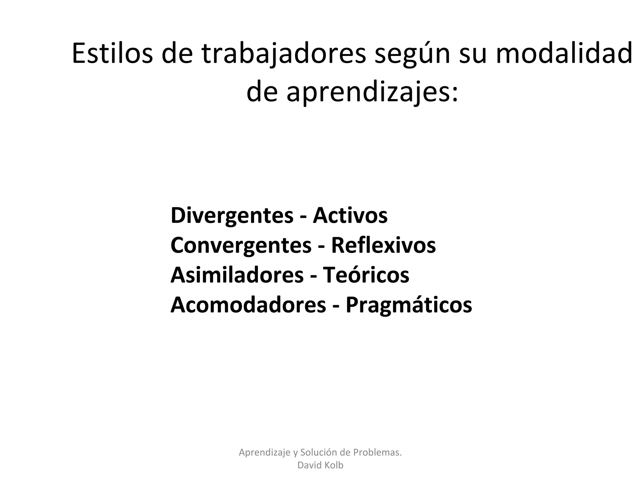Estilos de trabajadores según su modalidad
              de aprendizajes:


       Divergentes - Activos
       Convergentes - Reflexivos
       Asimiladores - Teóricos
       Acomodadores - Pragmáticos




            Aprendizaje y Solución de Problemas.
                         David Kolb
 