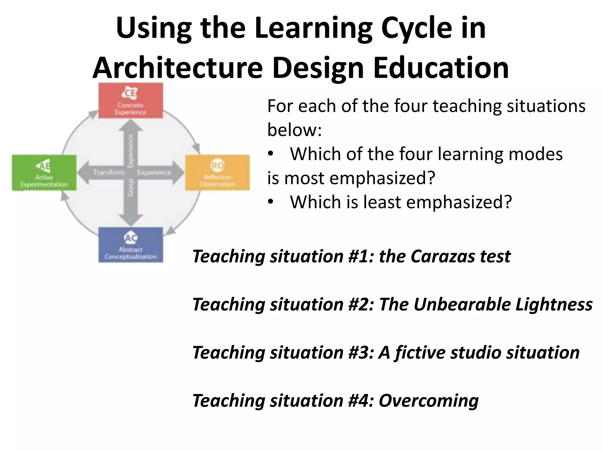 Using the Learning Cycle in
Architecture Design Education
For each of the four teaching situations
below:
• Which of the four learning modes
is most emphasized?
• Which is least emphasized?
Teaching situation #1: the Carazas test
Teaching situation #2: The Unbearable Lightness
Teaching situation #3: A fictive studio situation
Teaching situation #4: Overcoming
 