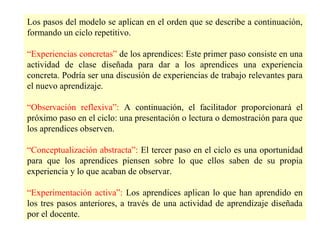 Los pasos del modelo se aplican en el orden que se describe a continuación,
formando un ciclo repetitivo.
“Experiencias concretas” de los aprendices: Este primer paso consiste en una
actividad de clase diseñada para dar a los aprendices una experiencia
concreta. Podría ser una discusión de experiencias de trabajo relevantes para
el nuevo aprendizaje.
“Observación reflexiva”: A continuación, el facilitador proporcionará el
próximo paso en el ciclo: una presentación o lectura o demostración para que
los aprendices observen.
“Conceptualización abstracta”: El tercer paso en el ciclo es una oportunidad
para que los aprendices piensen sobre lo que ellos saben de su propia
experiencia y lo que acaban de observar.
“Experimentación activa”: Los aprendices aplican lo que han aprendido en
los tres pasos anteriores, a través de una actividad de aprendizaje diseñada
por el docente.

 