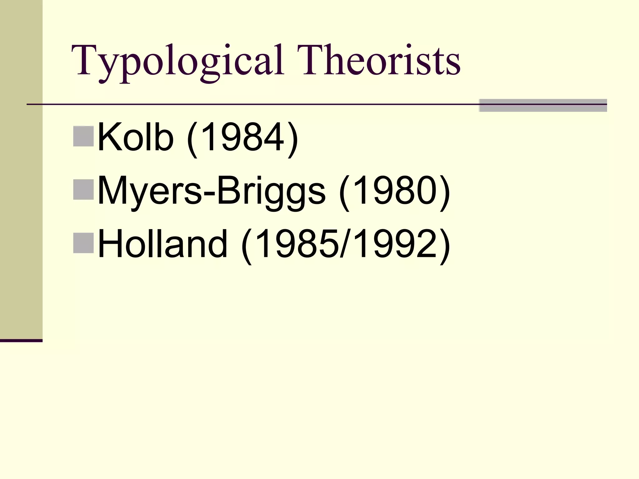 Typological Theorists Kolb (1984) Myers-Briggs (1980) Holland (1985/1992) 