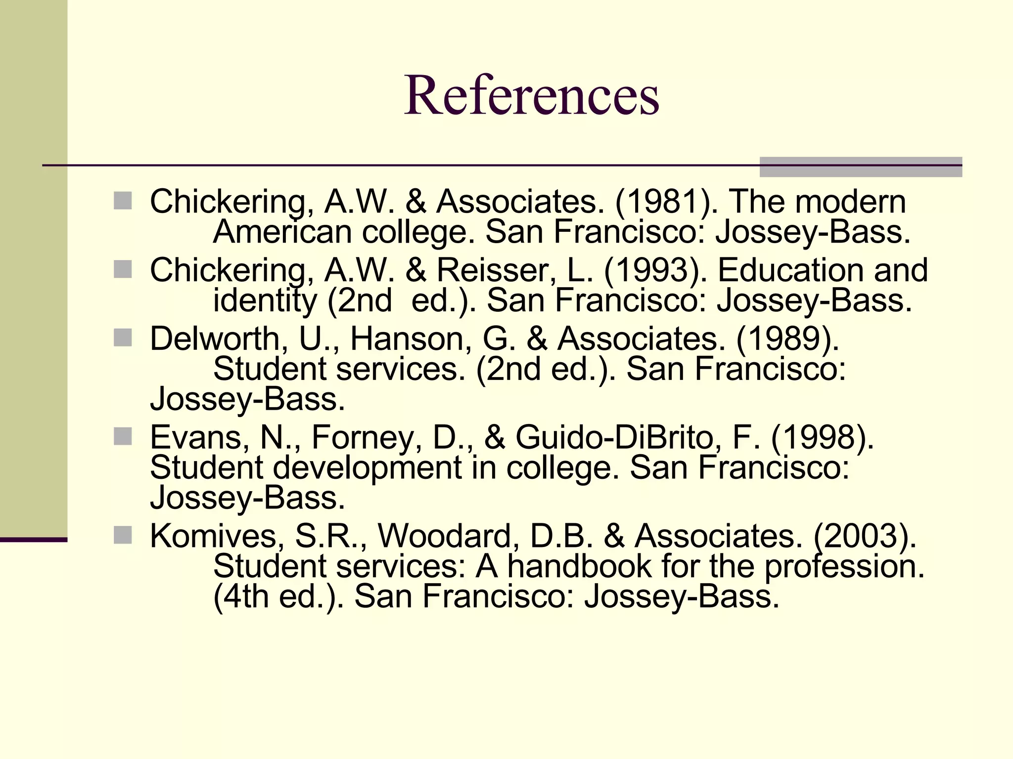 References Chickering, A.W. & Associates. (1981). The modern  American college. San Francisco: Jossey-Bass. Chickering, A.W. & Reisser, L. (1993). Education and  identity (2nd  ed.). San Francisco: Jossey-Bass. Delworth, U., Hanson, G. & Associates. (1989).  Student services. (2nd ed.). San Francisco:  Jossey-Bass. Evans, N., Forney, D., & Guido-DiBrito, F. (1998).  Student development in college. San Francisco:  Jossey-Bass. Komives, S.R., Woodard, D.B. & Associates. (2003).  Student services: A handbook for the profession.  (4th ed.). San Francisco: Jossey-Bass. 