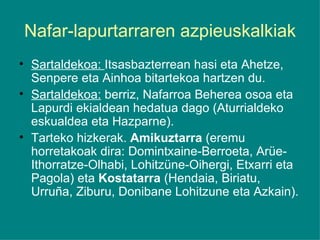 Nafar-lapurtarraren azpieuskalkiak Sartaldekoa:  Itsasbazterrean hasi eta Ahetze, Senpere eta Ainhoa bitartekoa hartzen du. Sartaldekoa:  berriz, Nafarroa Beherea osoa eta Lapurdi ekialdean hedatua dago (Aturrialdeko eskualdea eta Hazparne). Tarteko hizkerak.  Amikuztarra  (eremu horretakoak dira: Domintxaine-Berroeta, Arüe-Ithorratze-Olhabi, Lohitzüne-Oihergi, Etxarri eta Pagola) eta  Kostatarra  (Hendaia, Biriatu, Urruña, Ziburu, Donibane Lohitzune eta Azkain). 