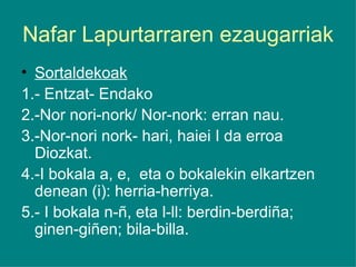 Nafar Lapurtarraren ezaugarriak Sortaldekoak 1.- Entzat- Endako 2.-Nor nori-nork/ Nor-nork: erran nau. 3.-Nor-nori nork- hari, haiei I da erroa Diozkat. 4.-I bokala a, e,  eta o bokalekin elkartzen denean (i): herria-herriya. 5.- I bokala n-ñ, eta l-ll: berdin-berdiña; ginen-giñen; bila-billa. 
