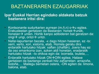 BAZTANERAREN EZAUGARRIAK Ipar Euskal Herrian egindako aldaketa batzuk baztanera iritsi dira: Kontsonante sudurkarien aurrean (m,ñ,n) o  u egitea. Erakusleetan gertatzen da Bastanen: honek  unek, honetan   unten. Hortik kanpo adibideren bat geratzen da: ongi   ungi, ontzi   untzi. Nafar-lapurterran bezala, -x dago hitzen hasieran, ez -tx: xerri, xerto, xori, xistorra, etab. Horrela geratu dira erdaratik hartutako hitzak: xaflan (chaflán). Joera hau ez da oso emankorra izan, azken aldi honetan, eradaratik hartutako hitzak –tx ohikoa egin da: txorrada, txuleta,… Erdaratik hartutako hitzak ON  OIN egitea. Halaxe gertatzen da baztango zenbait hitz zaharretan: arrazoñe, botoñe,… Mailegu berrietan ostera, -ON egiten da: limona, balona, etab.  
