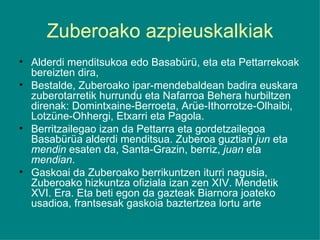 Zuberoako azpieuskalkiak Alderdi menditsukoa edo Basabürü, eta eta Pettarrekoak bereizten dira, Bestalde, Zuberoako ipar-mendebaldean badira euskara zuberotarretik hurrundu eta Nafarroa Behera hurbiltzen direnak: Domintxaine-Berroeta, Arüe-Ithorrotze-Olhaibi, Lotzüne-Ohhergi, Etxarri eta Pagola. Berritzailegao izan da Pettarra eta gordetzailegoa Basabürüa alderdi menditsua. Zuberoa guztian  jun  eta  mendin  esaten da, Santa-Grazin, berriz,  juan  eta  mendian . Gaskoai da Zuberoako berrikuntzen iturri nagusia, Zuberoako hizkuntza ofiziala izan zen XIV. Mendetik XVI. Era. Eta beti egon da gazteak Biarnora joateko usadioa, frantsesak gaskoia baztertzea lortu arte 
