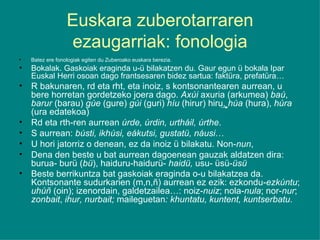 Euskara zuberotarraren ezaugarriak: fonologia Batez ere fonologiak egiten du Zuberoako euskara berezia. Bokalak. Gaskoiak eraginda u-ü bilakatzen du. Gaur egun ü bokala Ipar Euskal Herri osoan dago frantsesaren bidez sartua: faktüra, prefatüra… R bakunaren, rd eta rht, eta inoiz, s kontsonantearen aurrean, u bere horretan gordetzeko joera dago.  Axúi  axuria (arkumea)  baú ,  barur  (barau)  gúe  (gure)  gúi  (guri)  híu  (hirur) hiru,  húa  (hura),  húra  (ura edatekoa) Rd eta rth-ren aurrean  úrde, úrdin, urtháil, úrthe . S aurrean:  bústi, ikhúsi, eákutsi, gustatü, náusi … U hori jatorriz o denean, ez da inoiz ü bilakatu. Non- nun , Dena den beste u bat aurrean dagoenean gauzak aldatzen dira: burua- burü ( bü ), haiduru-haidurü-  haidü,  usu- üsü- üsü Beste berrikuntza bat gaskoiak eraginda o-u bilakatzea da. Kontsonante sudurkarien (m,n,ñ) aurrean ez ezik: ezkondu- ezkúntu ;  uhúñ  (oin); izenordain, galdetzailea…: noiz- nuiz ; nola- nula ; nor- nur ;  zonbait ,  ihur, nurbait;  maileguetan :   khuntatu, kuntent, kuntserbatu . 