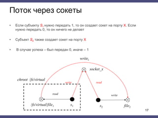 Поток через сокеты
• Если субъекту S1 нужно передать 1, то он создает сокет на порту X. Если
нужно передать 0, то он ничего не делает
• Субъект S2 также создает сокет на порту X
• В случае успеха – был передан 0, иначе – 1
17
s1
read
writet
write
/fs/virtual/file1 s2
write
file2
read
socket_x
chroot /fs/virtual
 